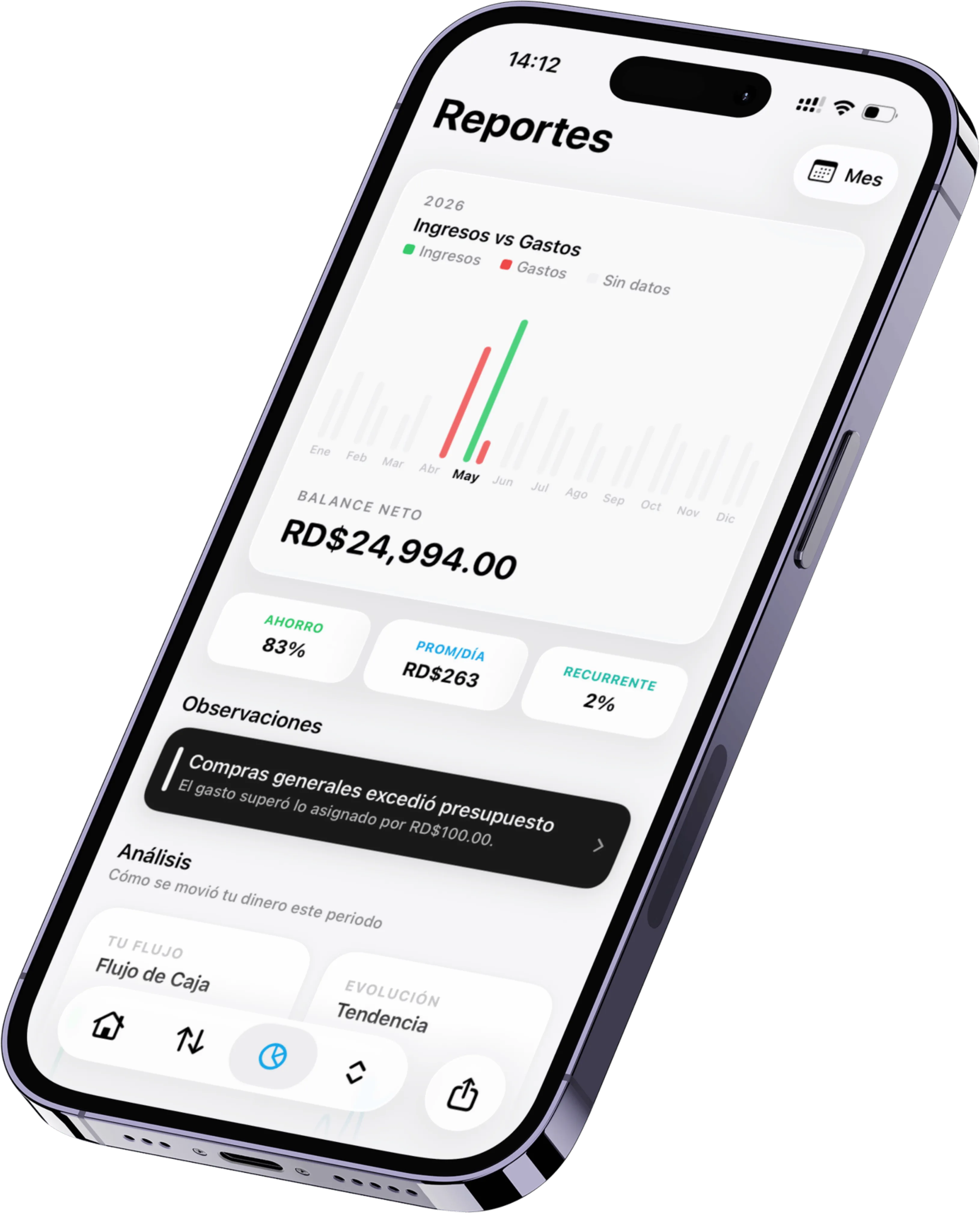 Finyvo en iPhone — vista de Reportes con balance neto en RD$