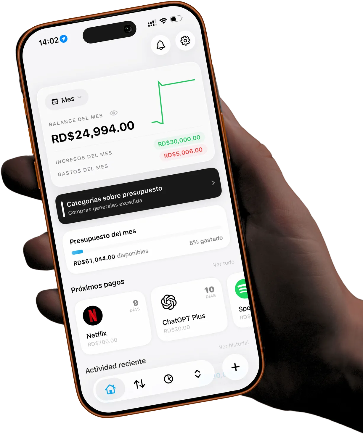 Finyvo en un iPhone sostenido en la mano — vista de Categorías